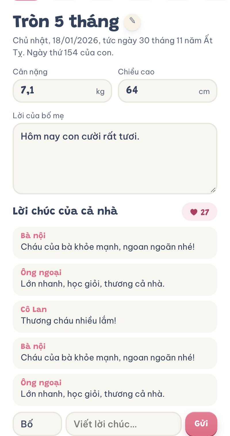 Lời chúc của Bà nội, Ông ngoại và Cô Lan dưới ảnh Tròn 5 tháng